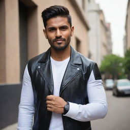 A muscular Indian man confidently wearing a crisp white shirt and a stylish black leather jacket.