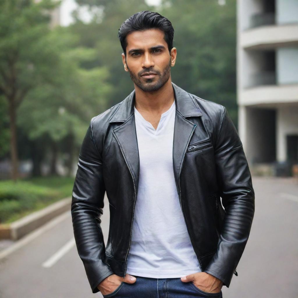 A muscular Indian man confidently wearing a crisp white shirt and a stylish black leather jacket.