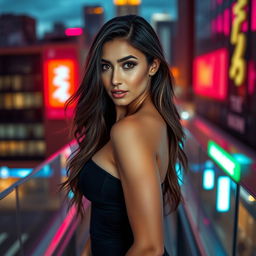 A seductive portrait of a confident woman in a stylish urban setting