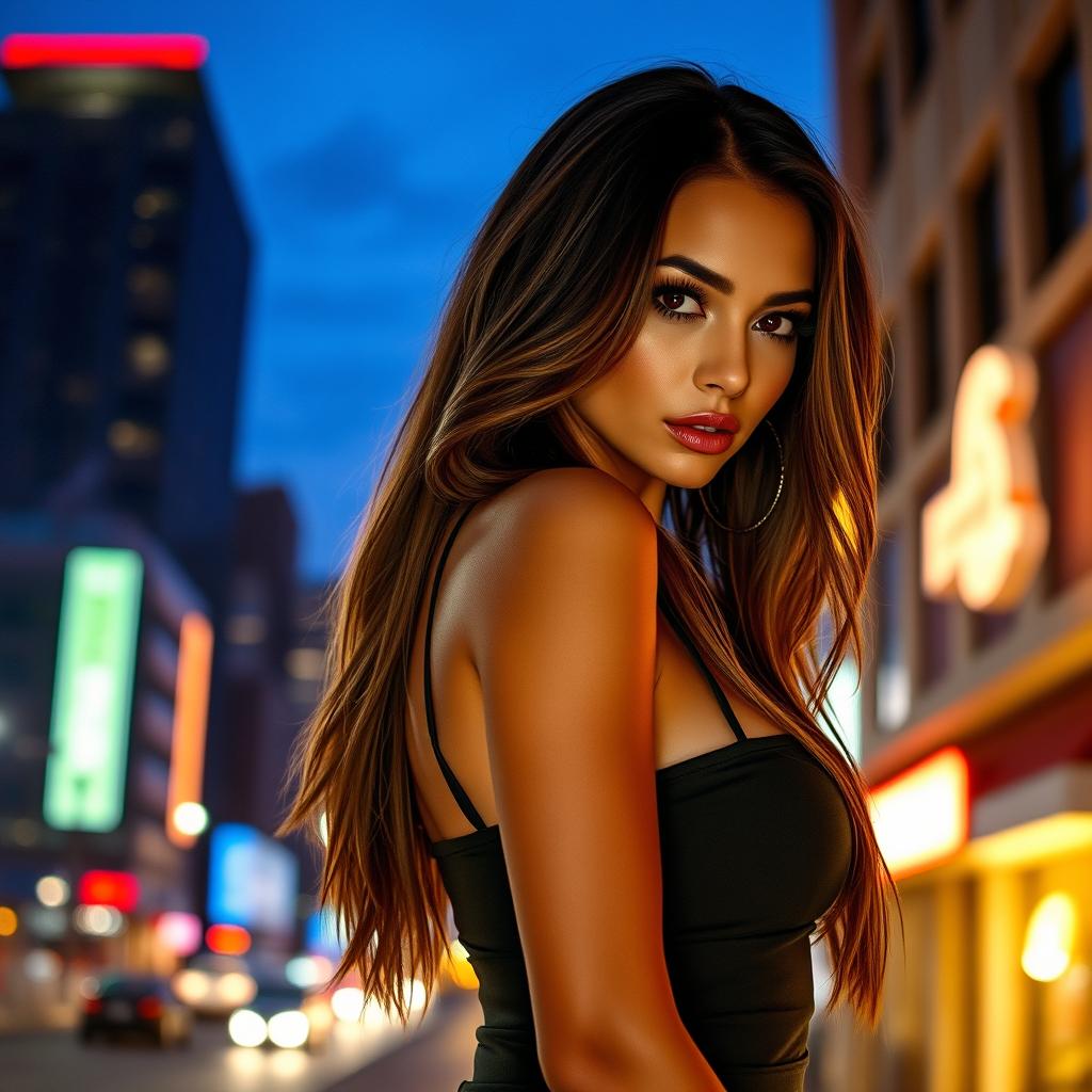 A seductive portrait of a confident woman in a stylish urban setting