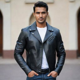 A muscular Indian man confidently wearing a crisp white shirt and a stylish black leather jacket.