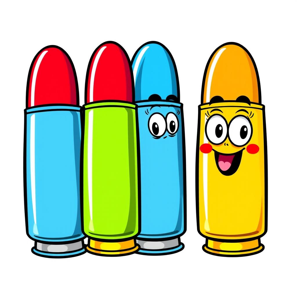 A vibrant and cartoonish illustration featuring three colorful bullets arranged in a row