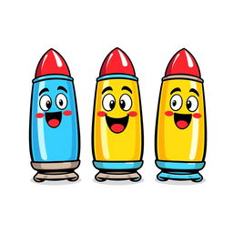 A vibrant and cartoonish illustration featuring three colorful bullets arranged in a row