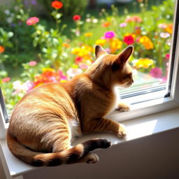 A beautiful, sleek, domestic cat lounging gracefully on a sunny windowsill, gazing out at a vibrant garden filled with colorful flowers and lush greenery