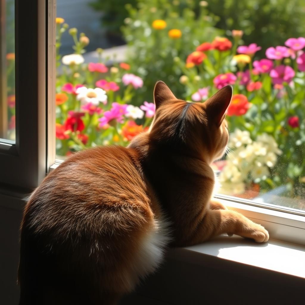 A beautiful, sleek, domestic cat lounging gracefully on a sunny windowsill, gazing out at a vibrant garden filled with colorful flowers and lush greenery