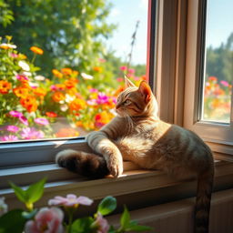 A beautiful, sleek, domestic cat lounging gracefully on a sunny windowsill, gazing out at a vibrant garden filled with colorful flowers and lush greenery