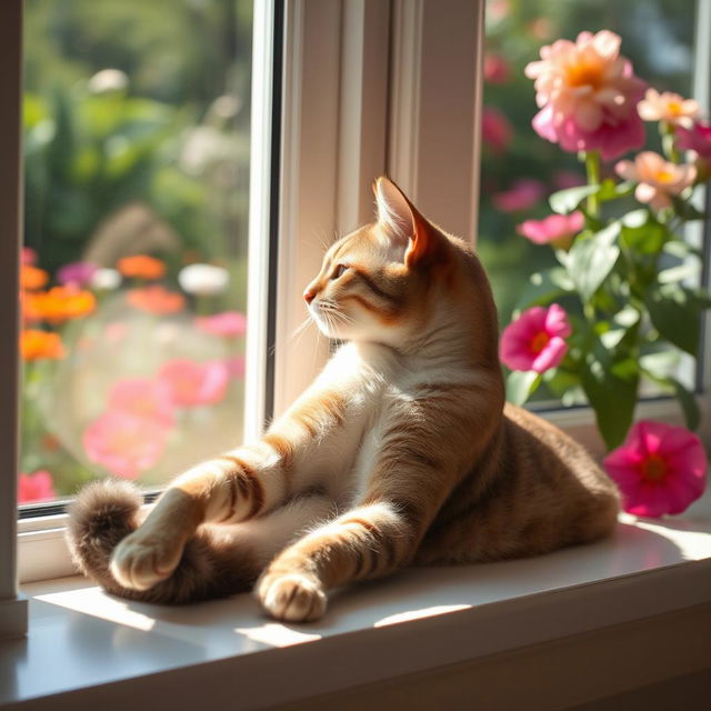 A beautiful, sleek, domestic cat lounging gracefully on a sunny windowsill, gazing out at a vibrant garden filled with colorful flowers and lush greenery