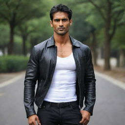 The same Indian man now appearing more muscular and taller, his white shirt snug against his chiseled muscles under a black leather jacket.