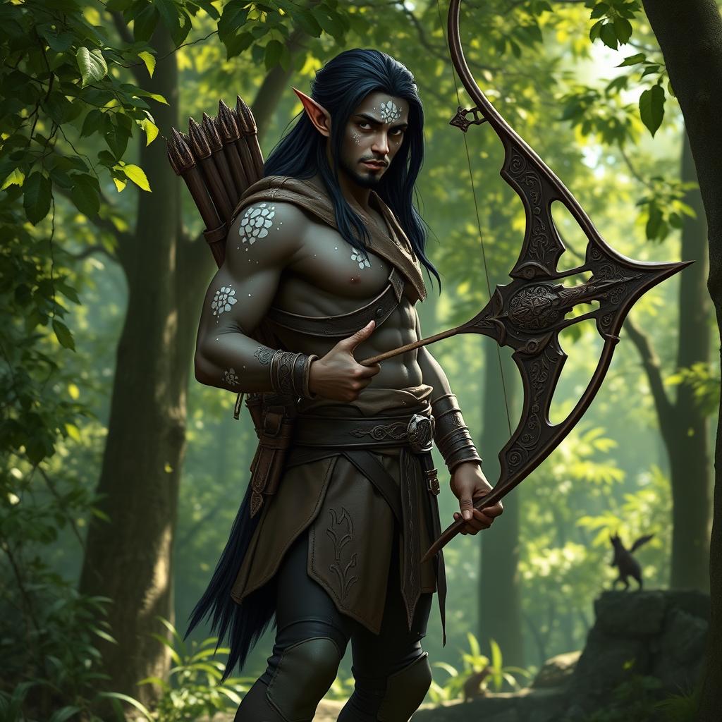 An athletic dark-skinned male elf, characterized by his striking white freckles, stands poised in a forest setting, ready to embark on a hunting expedition