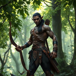 An athletic dark-skinned male elf, characterized by his striking white freckles, stands poised in a forest setting, ready to embark on a hunting expedition