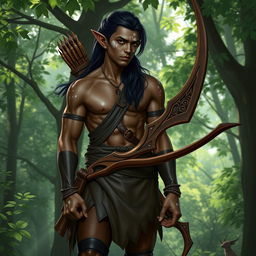 An athletic dark-skinned male elf, characterized by his striking white freckles, stands poised in a forest setting, ready to embark on a hunting expedition