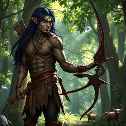 An athletic dark-skinned male elf, characterized by his striking white freckles, stands poised in a forest setting, ready to embark on a hunting expedition