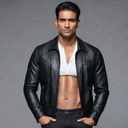 The same Indian man now appearing more muscular and taller, his white shirt snug against his chiseled muscles under a black leather jacket.