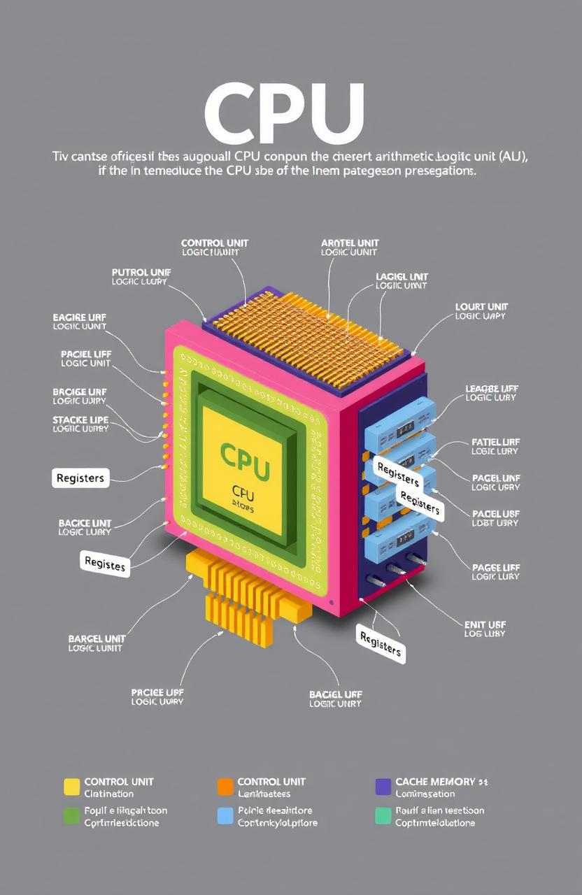 A detailed diagram of a computer CPU, highlighting its main components such as the Control Unit, Arithmetic Logic Unit (ALU), Registers, Cache Memory, and buses