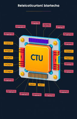 A detailed diagram of a computer CPU, highlighting its main components such as the Control Unit, Arithmetic Logic Unit (ALU), Registers, Cache Memory, and buses