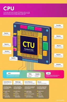 A detailed diagram of a computer CPU, highlighting its main components such as the Control Unit, Arithmetic Logic Unit (ALU), Registers, Cache Memory, and buses