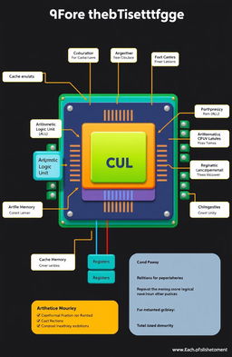 A detailed diagram of a computer CPU, highlighting its main components such as the Control Unit, Arithmetic Logic Unit (ALU), Registers, Cache Memory, and buses