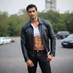 The same Indian man now appearing more muscular and taller, his white shirt snug against his chiseled muscles under a black leather jacket.