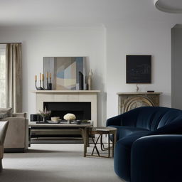 A living room with a navy blue velvet sofa, a grey velvet chair, a leather chair, and a chimney, adjoining a dining room designed to complement the living room.