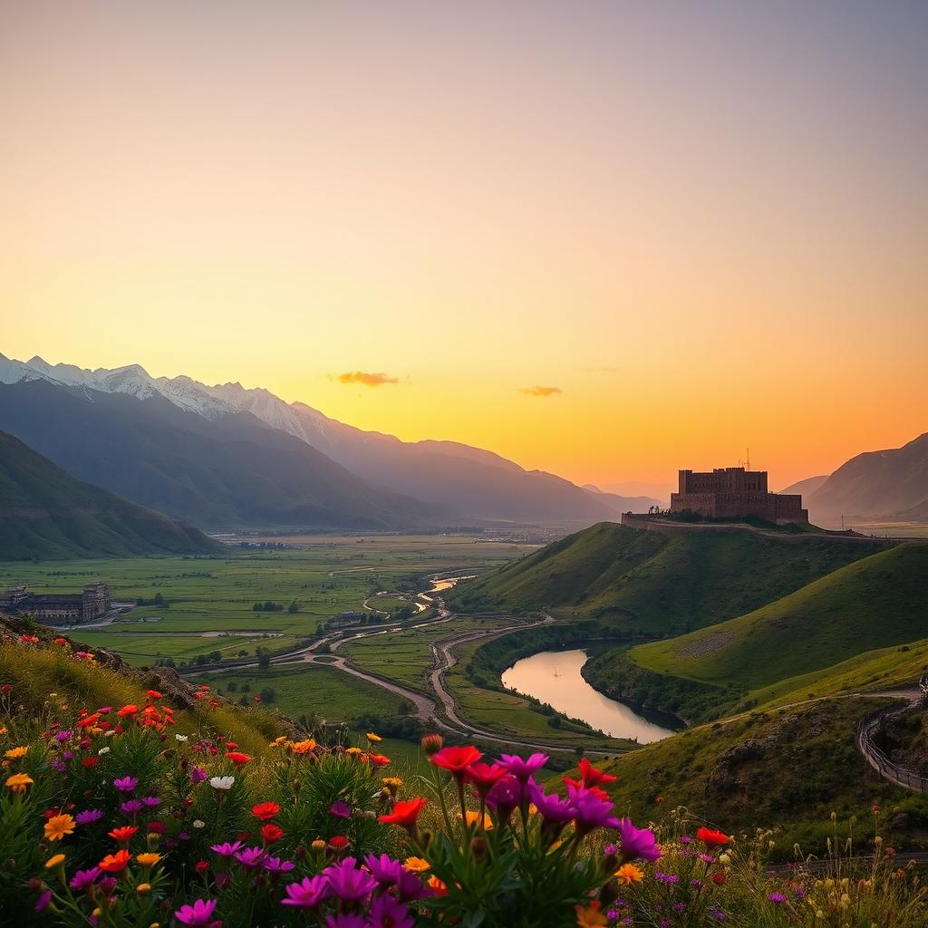 A breathtaking view of Iran's diverse landscapes, featuring the stunning Alborz mountain range with snowy peaks, lush green valleys, and traditional Persian architecture nestled amidst the scenery