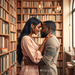 A minimalist and elegant book cover design featuring Jhady, a woman with long black hair and a warm brown complexion, and Miguel, a dark-skinned architect with tattoos on his arm