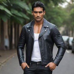 The same Indian man now appearing more muscular and taller, his white shirt snug against his chiseled muscles under a black leather jacket.