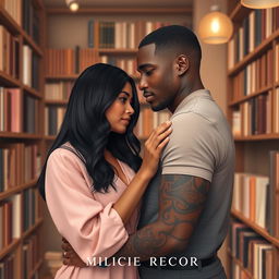 A minimalist and elegant book cover design featuring Jhady, a woman with long black hair and a warm brown complexion, and Miguel, a dark-skinned architect with tattoos on his arm