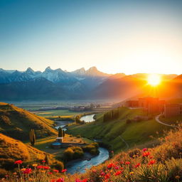 A stunning landscape of Iran showcasing the breathtaking view of the Alborz Mountains, with majestic snow-capped peaks under a bright blue sky