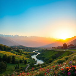 A stunning landscape of Iran showcasing the breathtaking view of the Alborz Mountains, with majestic snow-capped peaks under a bright blue sky