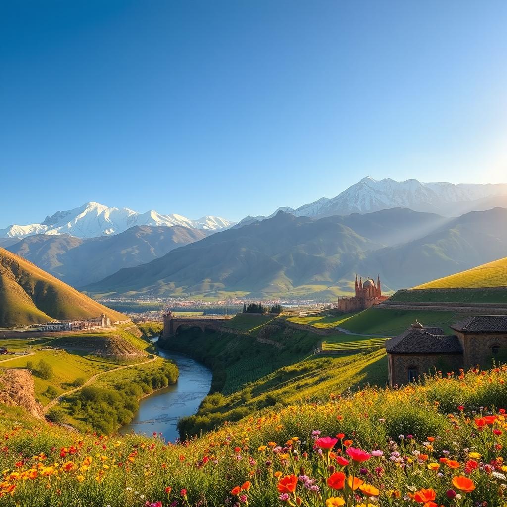 A stunning landscape of Iran showcasing the breathtaking view of the Alborz Mountains, with majestic snow-capped peaks under a bright blue sky