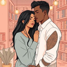 A minimalist and romantic book cover design illustrated in a drawing style, featuring Jhady, a woman with long black hair and a warm brown complexion, alongside Miguel, a dark-skinned architect with tattoos on his arm