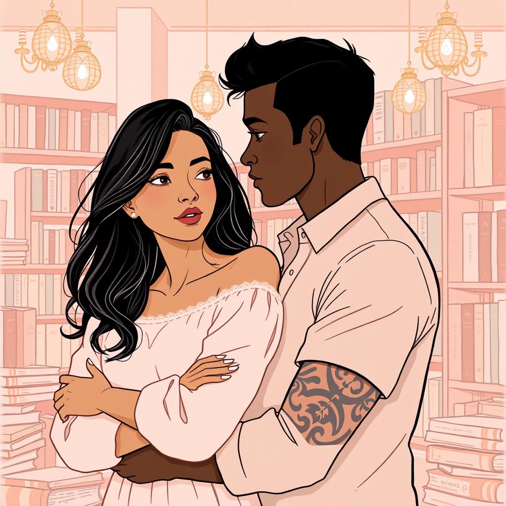 A minimalist and romantic book cover design illustrated in a drawing style, featuring Jhady, a woman with long black hair and a warm brown complexion, alongside Miguel, a dark-skinned architect with tattoos on his arm