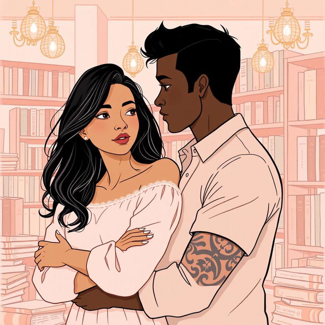 A minimalist and romantic book cover design illustrated in a drawing style, featuring Jhady, a woman with long black hair and a warm brown complexion, alongside Miguel, a dark-skinned architect with tattoos on his arm