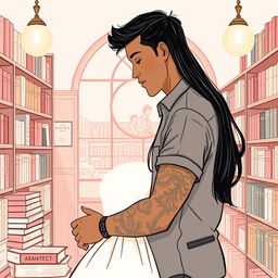 A minimalist and romantic book cover design illustrated in a drawing style, featuring Jhady, a woman with long black hair and a warm brown complexion, alongside Miguel, a dark-skinned architect with tattoos on his arm