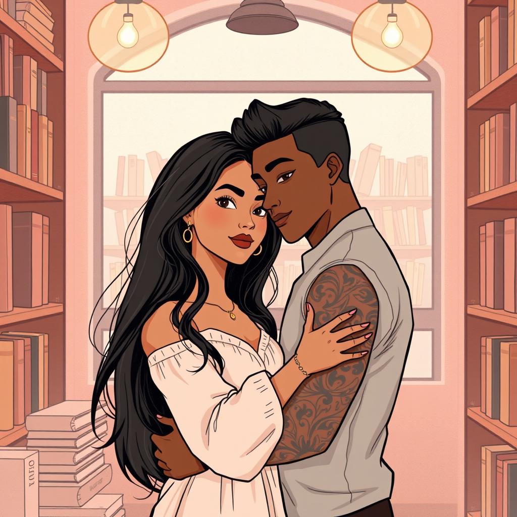 A minimalist and romantic book cover design illustrated in a drawing style, featuring Jhady, a woman with long black hair and a warm brown complexion, alongside Miguel, a dark-skinned architect with tattoos on his arm