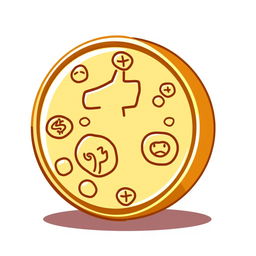 A cartoon-style shiny golden coin icon, featuring playful and exaggerated designs with a bright yellow-golden hue