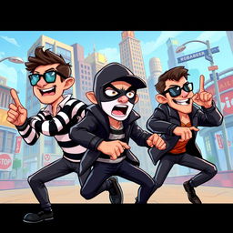 A vibrant 2D illustration of a group of robbers in action, featuring dynamic poses and exaggerated expressions to convey excitement