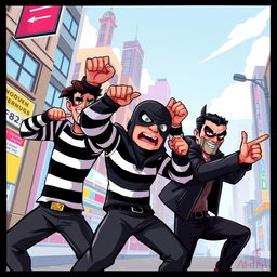 A vibrant 2D illustration of a group of robbers in action, featuring dynamic poses and exaggerated expressions to convey excitement