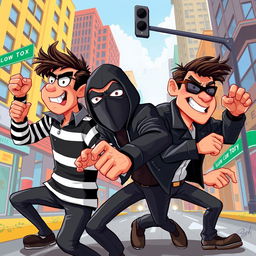 A vibrant 2D illustration of a group of robbers in action, featuring dynamic poses and exaggerated expressions to convey excitement