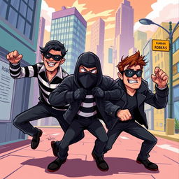 A vibrant 2D illustration of a group of robbers in action, featuring dynamic poses and exaggerated expressions to convey excitement