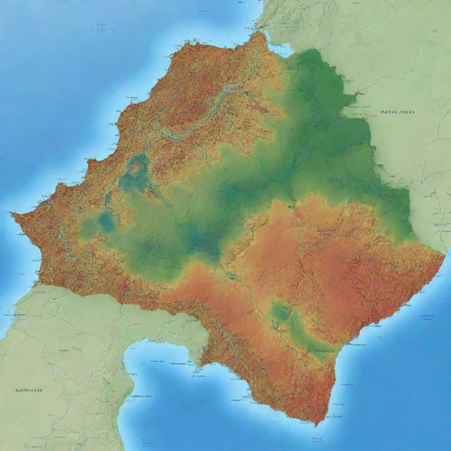 A detailed 2D map of Suriname, with vibrant colors to bring out the geographical features: rivers, mountains, cities.