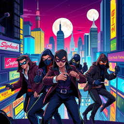 A vibrant 2D illustration of a group of thieves in a bustling, colorful city at night