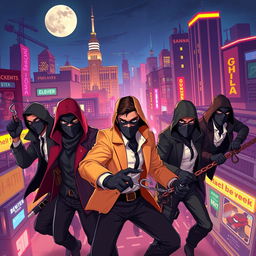 A vibrant 2D illustration of a group of thieves in a bustling, colorful city at night