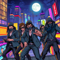 A vibrant 2D illustration of a group of thieves in a bustling, colorful city at night