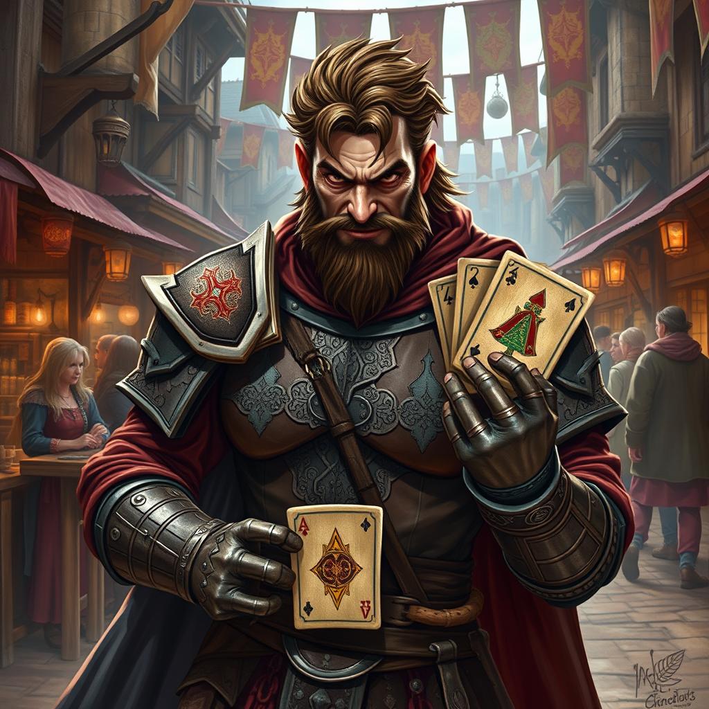 A fierce merchant warrior in a medieval setting, adorned in intricate armor featuring colorful card motifs