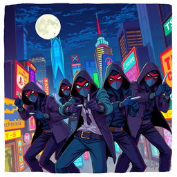 A vibrant 2D illustration of a group of thieves in a bustling, colorful city at night