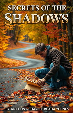 A winding road cutting through a vibrant autumn forest filled with leaves of gold and crimson swirling around in the wind
