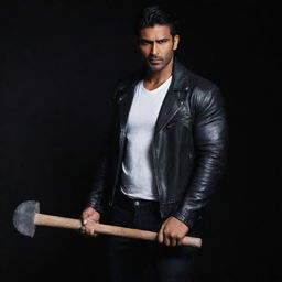 The muscular, tall Indian man, now in a darker setting, holding a heavy sledgehammer, his white shirt gleaming and black leather jacket contrasting against the darkness.