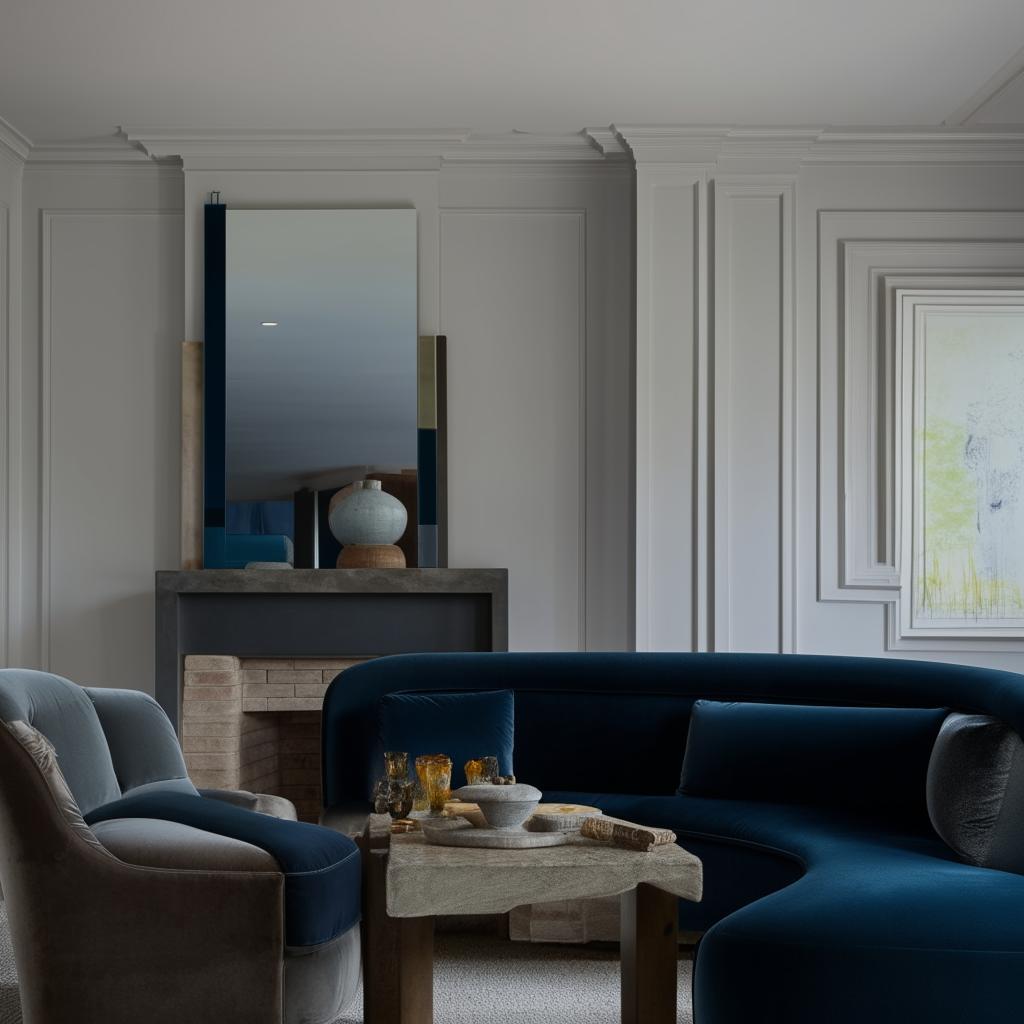 A living room with a navy blue velvet sofa, a grey velvet chair, a leather chair, and a chimney, adjoining a dining room designed to complement the living room.