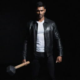 The muscular, tall Indian man, now in a darker setting, holding a heavy sledgehammer, his white shirt gleaming and black leather jacket contrasting against the darkness.